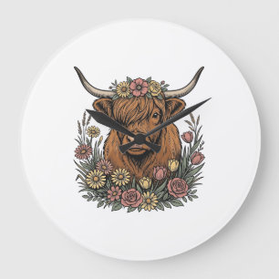 Grande Horloge Ronde Dessin de gravure vintage de vache highland floral
