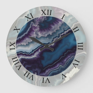 Grande Horloge Ronde dessin de marbre d'agate bleu violet blanc