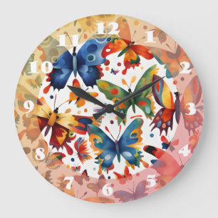 Grande Horloge Ronde Dessin de papillon coloré