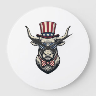 Grande Horloge Ronde Dessin de taureau patriotique Gravure vintage Amer