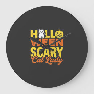 Grande Horloge Ronde Dessin Halloween Dame Chat Effrayant_1