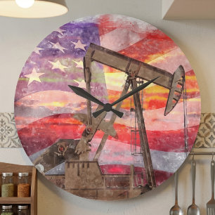 Grande Horloge Ronde Dessin pastel patriotique d'un pumpjack au coucher