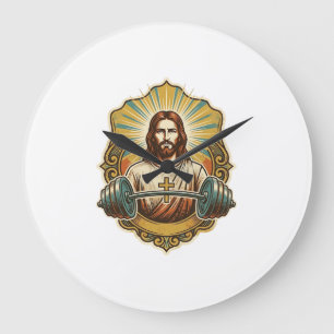 Grande Horloge Ronde Déterminé Jésus Haltère en Fer Lourd Powerlifting 