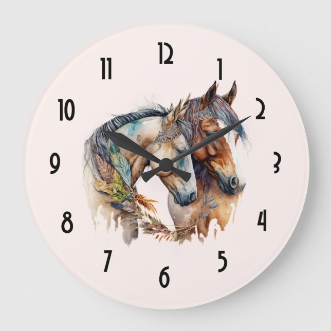 Grande Horloge Ronde Deux beaux chevaux Boho occidental (Recto)