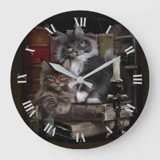Grande Horloge Ronde Deux chatons Maine Coon en furie