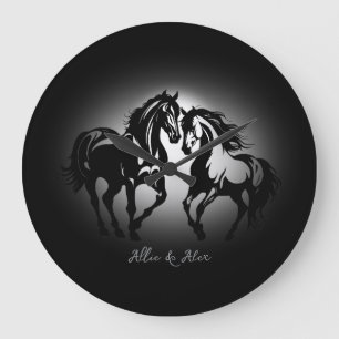 Grande Horloge Ronde Deux chevaux en amour noir blanc cheval couple amo