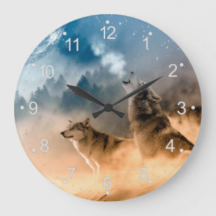 Grande Horloge Ronde Deux loups hurlent à la pleine lune en forêt