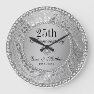 Grande Horloge Ronde Diamants & Argent 25e Anniversaire de Mariage
