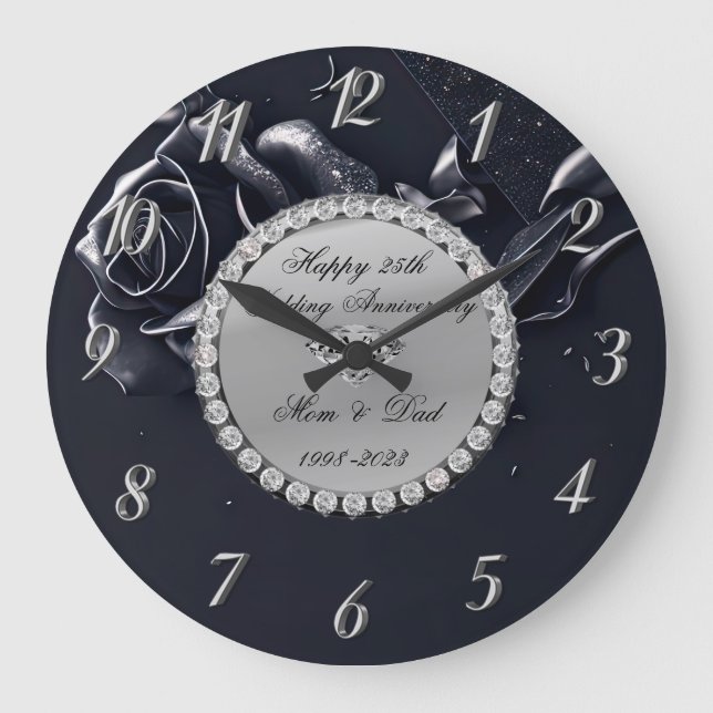 Grande Horloge Ronde Diamants Argent Rose Noire 25ème Anniversaire (Recto)