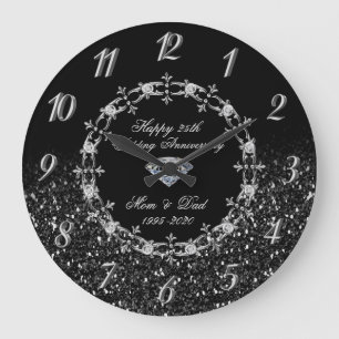 Grande Horloge Ronde Diamants argentés pailletés 25e anniversaire de ma