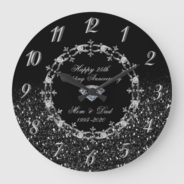 Grande Horloge Ronde Diamants argentés pailletés 25e anniversaire de ma (Recto)