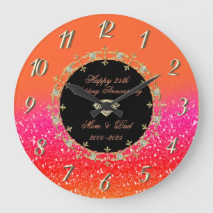 Grande Horloge Ronde Diamants Brillent Orange 25e Anniversaire de Maria