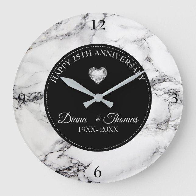 Grande Horloge Ronde Diamants Coeur Et Pierre De Marbre Blanc Noir (Recto)