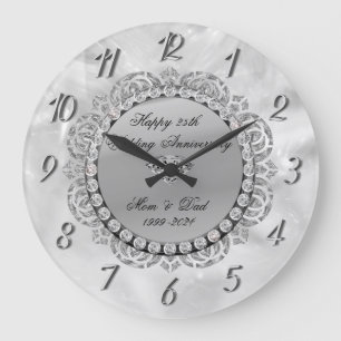 Grande Horloge Ronde Diamants d'argent de luxe 25e Mariage