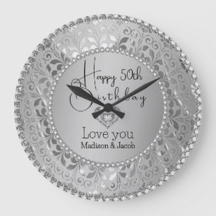 Grande Horloge Ronde Diamants Et Argent Damas Anniversaire