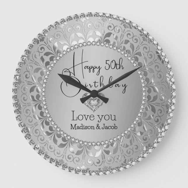 Grande Horloge Ronde Diamants Et Argent Damas Anniversaire (Recto)