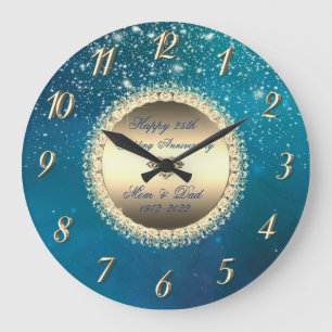 Grande Horloge Ronde Diamants Étoiles Bleu 50e Anniversaire de Mariage