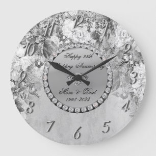 Grande Horloge Ronde Diamants Fleurs Élégants 25e Anniversaire de Maria