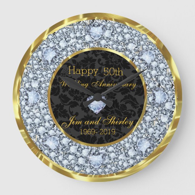 Grande Horloge Ronde Diamants, Noir et Or 50e Anniversaire de Mariage (Recto)