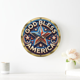 Grande Horloge Ronde Dieu bénisse l'Amérique Star Patriotisme