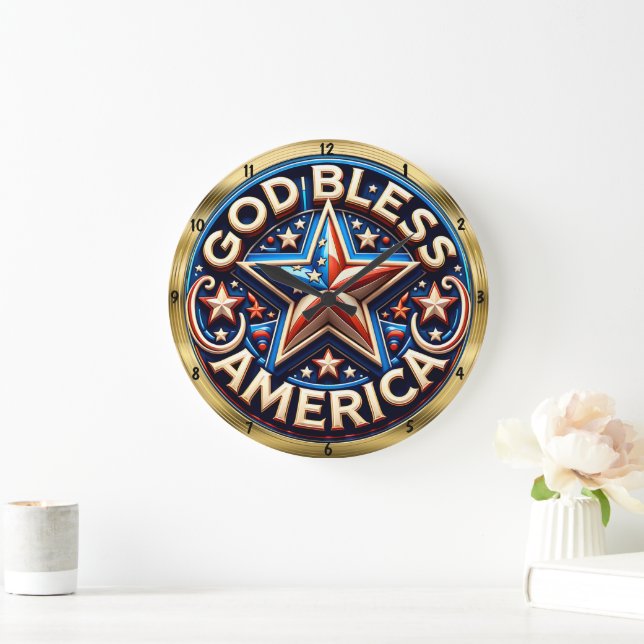 Grande Horloge Ronde Dieu bénisse l'Amérique Star Patriotisme (Maison)