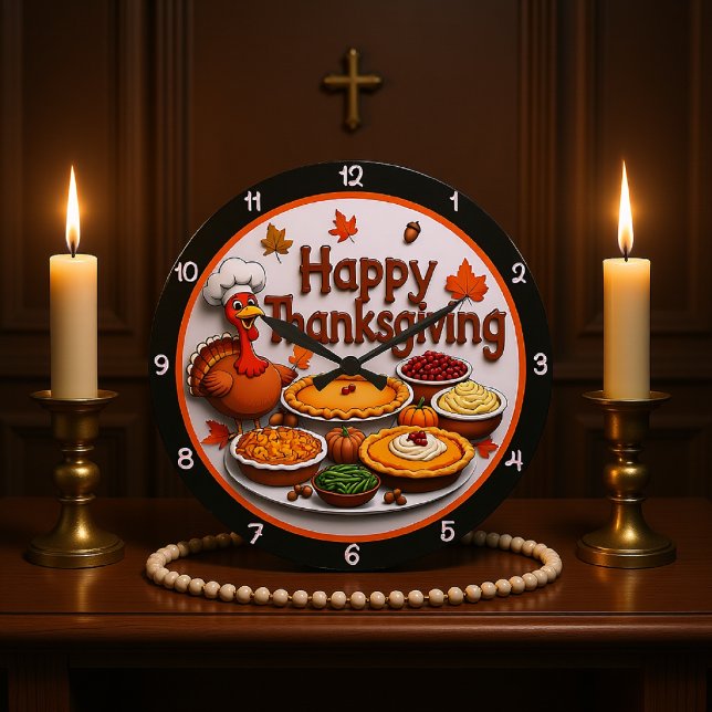 Grande Horloge Ronde Dîner diner dinde caricature bon thanksgiving (Créateur téléchargé)