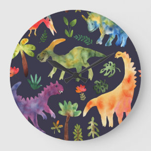 Grande Horloge Ronde Dinosaures floraux : Aquarelle