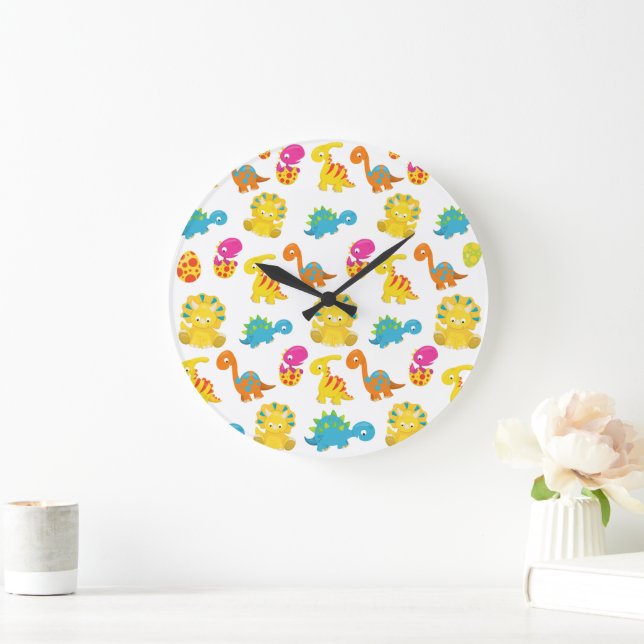 Grande Horloge Ronde Dinosaures Mignons, Motif De Dinosaures, Baby Dino (Maison)