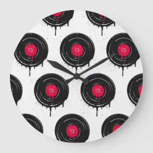 Grande Horloge Ronde disques vinyliques fondus, motif artistique.