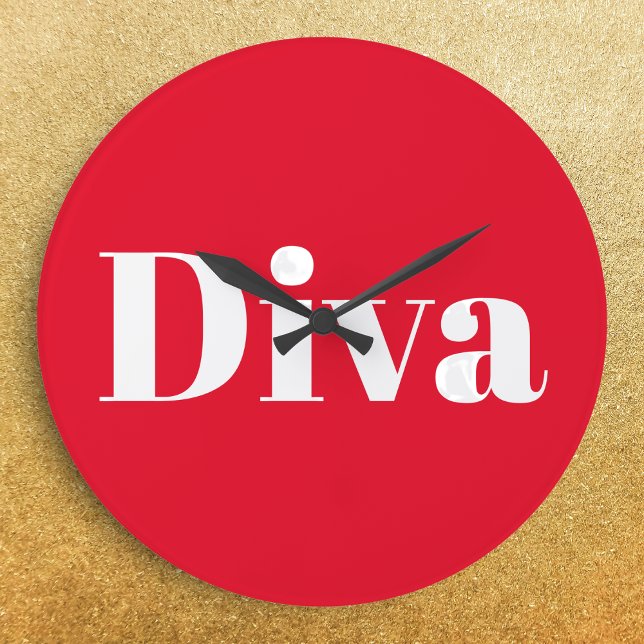 Grande Horloge Ronde Diva Opera Chanteur Interprète Musicale Thème (A stylish wall clock in bright red with 'Diva' in large white lettering)