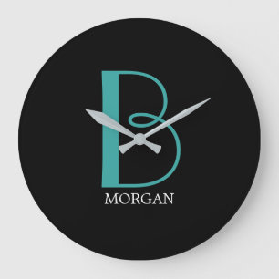 Grande Horloge Ronde DIY Grand Monogramme & Nom, Texte Sarcelle/Blanc, 
