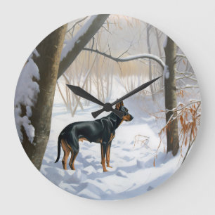Grande Horloge Ronde Doberman Pinscher Laissez tomber la neige Noël