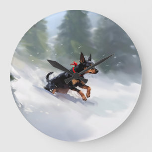 Grande Horloge Ronde Doberman Pinscher Noël neige hiver