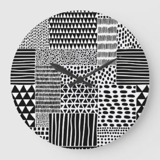 Grande Horloge Ronde Doodle noir blanc : Ethnic Seamless