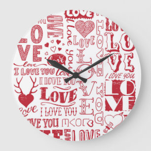 Grande Horloge Ronde Doodles d'amour à la main, charmant motif.