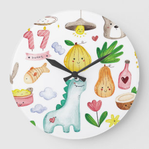 Grande Horloge Ronde Doodles d'aquarelle Kawaii, autocollant prêt.