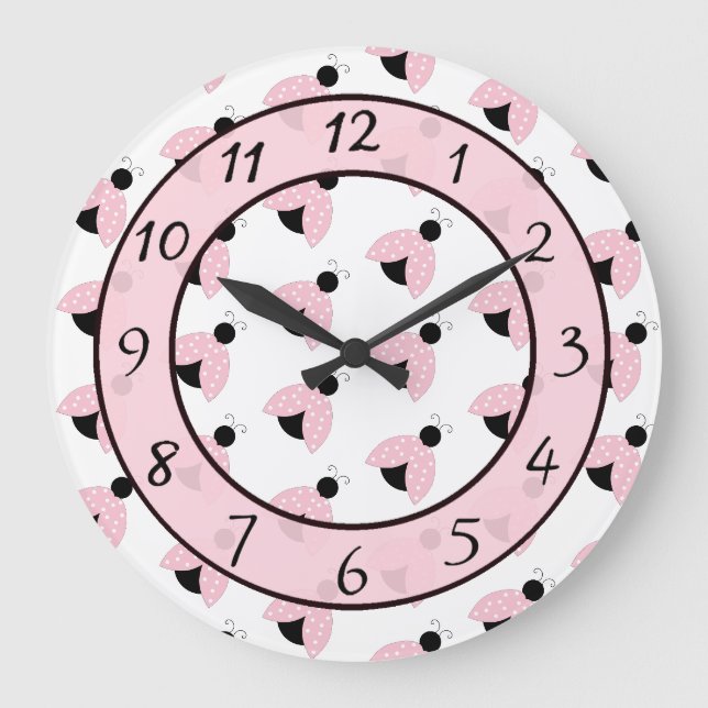 Grande Horloge Ronde Douce rose Ladybug enfant ou bébé pépinière (Recto)