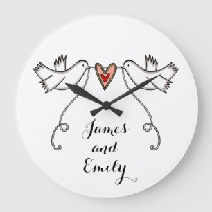 Grande Horloge Ronde Doves blanches personnalisées Mariage Cadeau Acryl