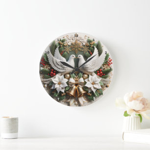 Grande Horloge Ronde Doves paisibles Poinsettias Elégant Mur de Noël