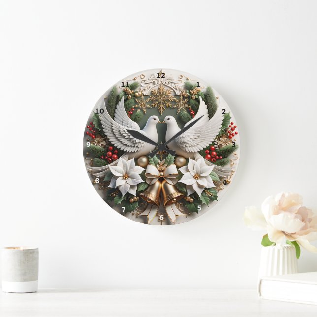 Grande Horloge Ronde Doves paisibles Poinsettias Elégant Mur de Noël (Maison)