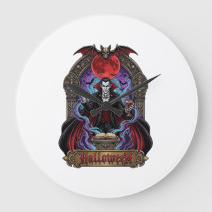 Grande Horloge Ronde Dracula Halloween Lune Rouge Chauves-Souris Crâne_