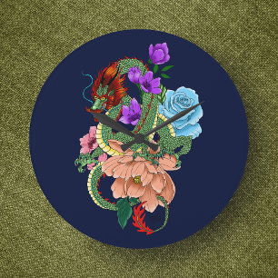 Grande Horloge Ronde Dragon Chinois Vert Mystique Floral Bleu Marine