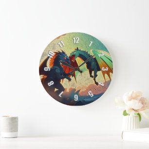 Grande Horloge Ronde Dragon contre Pégase - Art Fantastique