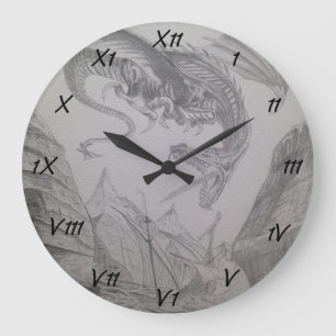 Grande Horloge Ronde Dragon de respiration du feu attaquant le bateau