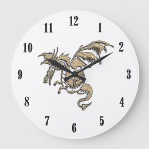 Grande Horloge Ronde Dragon Doré Visage Blanc Nombres Noirs