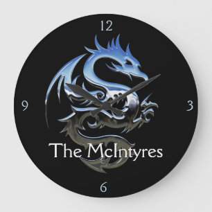 Grande Horloge Ronde Dragon stylisé d'argent et de gris