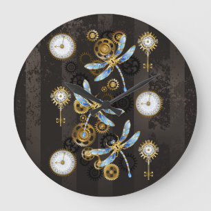 Grande Horloge Ronde Dragonflies de Steampunk sur arrière - plan rayé