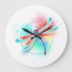 Grande Horloge Ronde Dragonfly rouge sur l'arrière - plan aquarelle