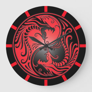 Grande Horloge Ronde Dragons, rouge et noir de Yin Yang