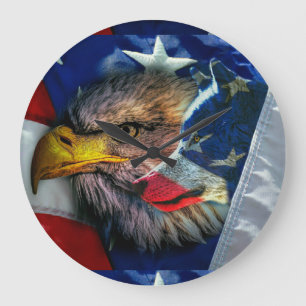 Grande Horloge Ronde Drapeau américain du loup d'aigle chauve